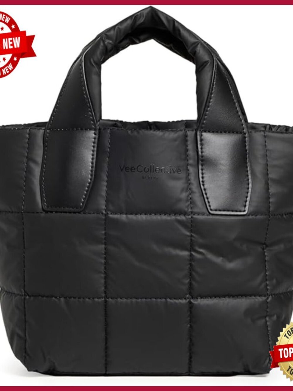 Mini Tote Bag with Adjustable Strap, Quilted Vegan Material, 3 Pockets